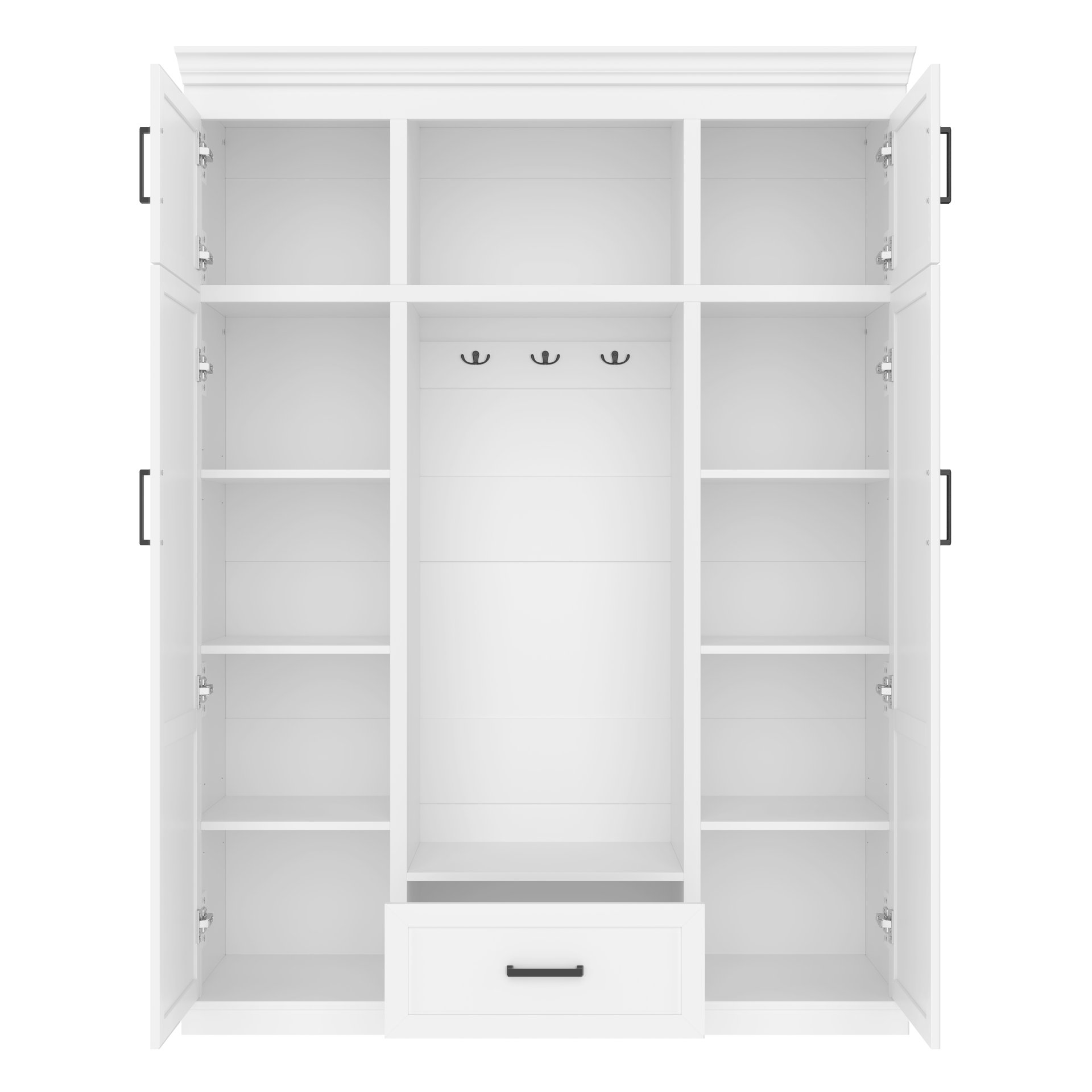 Hall Tree With Bench And 3 Hooks, Modern Entryway Storage Organizer Cabinet With 4 Doors, 1 Drawer And Adjustable Shelves For Hallway, Entryway, Living Room - White - Image 11