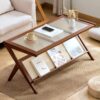 Rattan Coffee Tables For Living Room, Mid Century Modern Coffee Table With Glass Top, Large Boho Center Table With Storage - Brown - Image 4