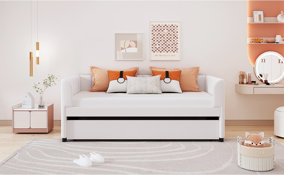 Twin Size Upholstered Daybed With Ergonomic Design Backrest And Trundle - Beige - Image 13