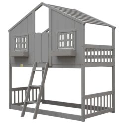 Twin Over Twin House Bunk Bed With Roof, Window, Window Box, Door, With Safety Guardrails And Ladder - Gray