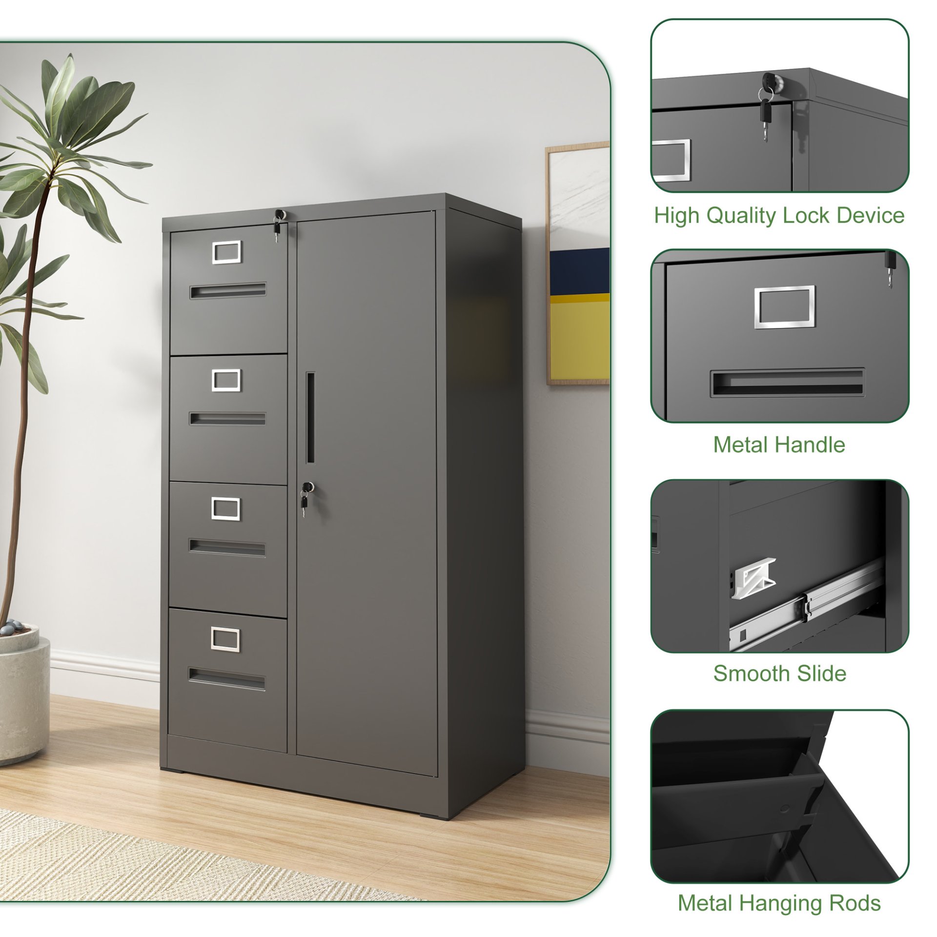 Sleek Metal Storage Vertical Filing Cabinet With Lock, 4 Drawer And 1 Door Steel File Locker For Home Office - Gunmetal Black - Image 6