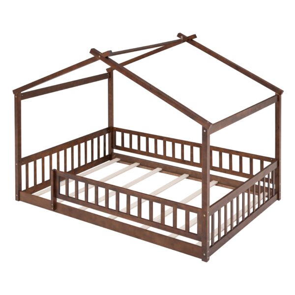 Full Size Bed House Bed Frame With Fence - Walnut
