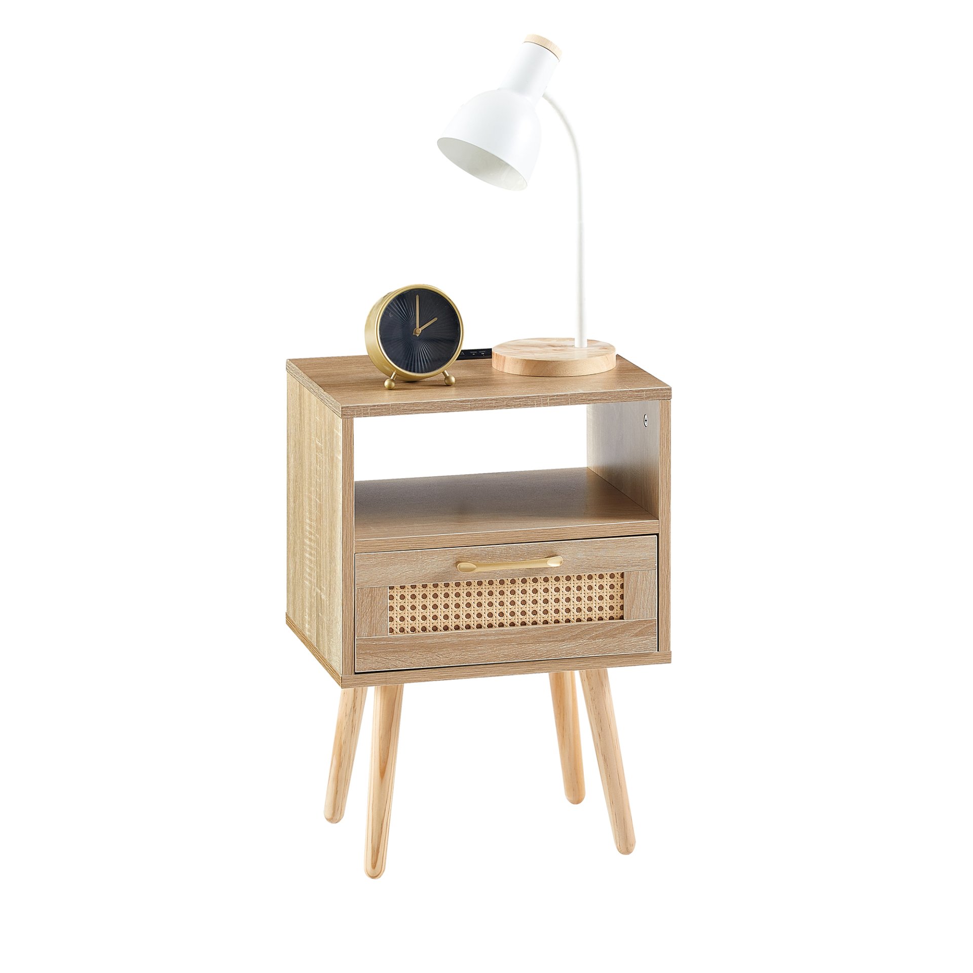 15.75" Rattan End Table With Power Outlet & USB Ports, Modern Nightstand With Drawer And Solid Wood Legs, Side Table For Living Room, Bedroom - Natural - Image 6