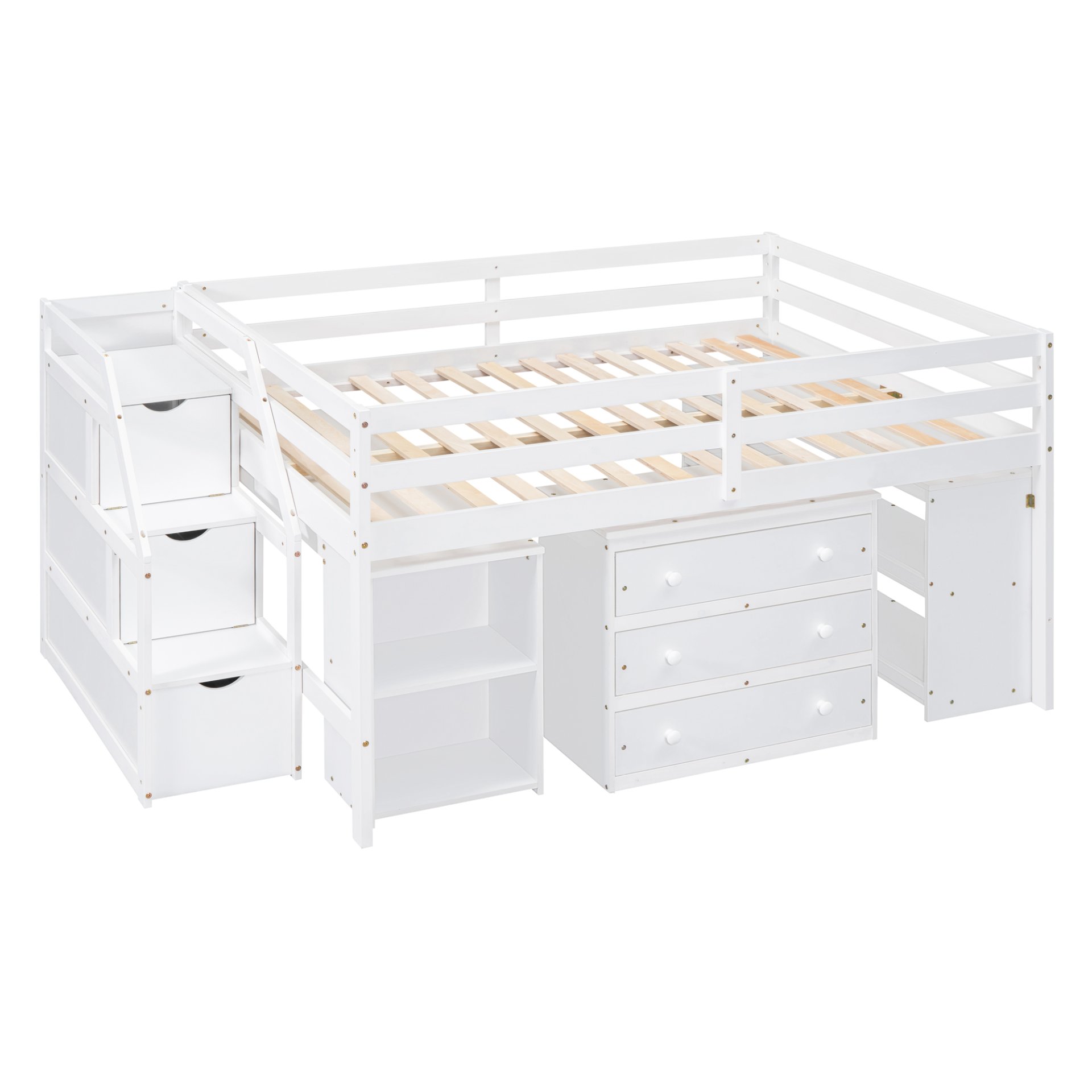 Full Size Loft Bed With Retractable Writing Desk And 3 Drawers With Storage Stairs And Shelves - White - Image 4