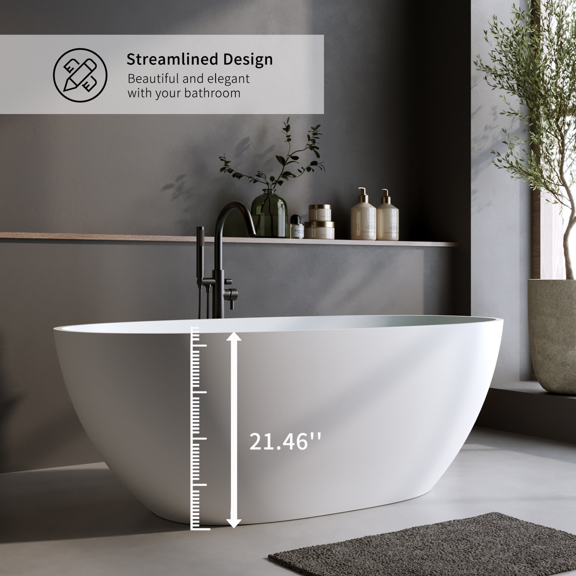 Solid Surface Matte Tub, Solid Surface Soaking Tub, Stone Resin Freestanding Bathtub, Thick Edge Stand Alone Tubs With Overflow, Pop-Up Drain (Oval) - Matte White - Image 8