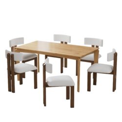 Mid Century Modern 7 Piece Dining Set With Upholstered Armless Dining Chairs & Wood Table - Dark Brown / White / Natural