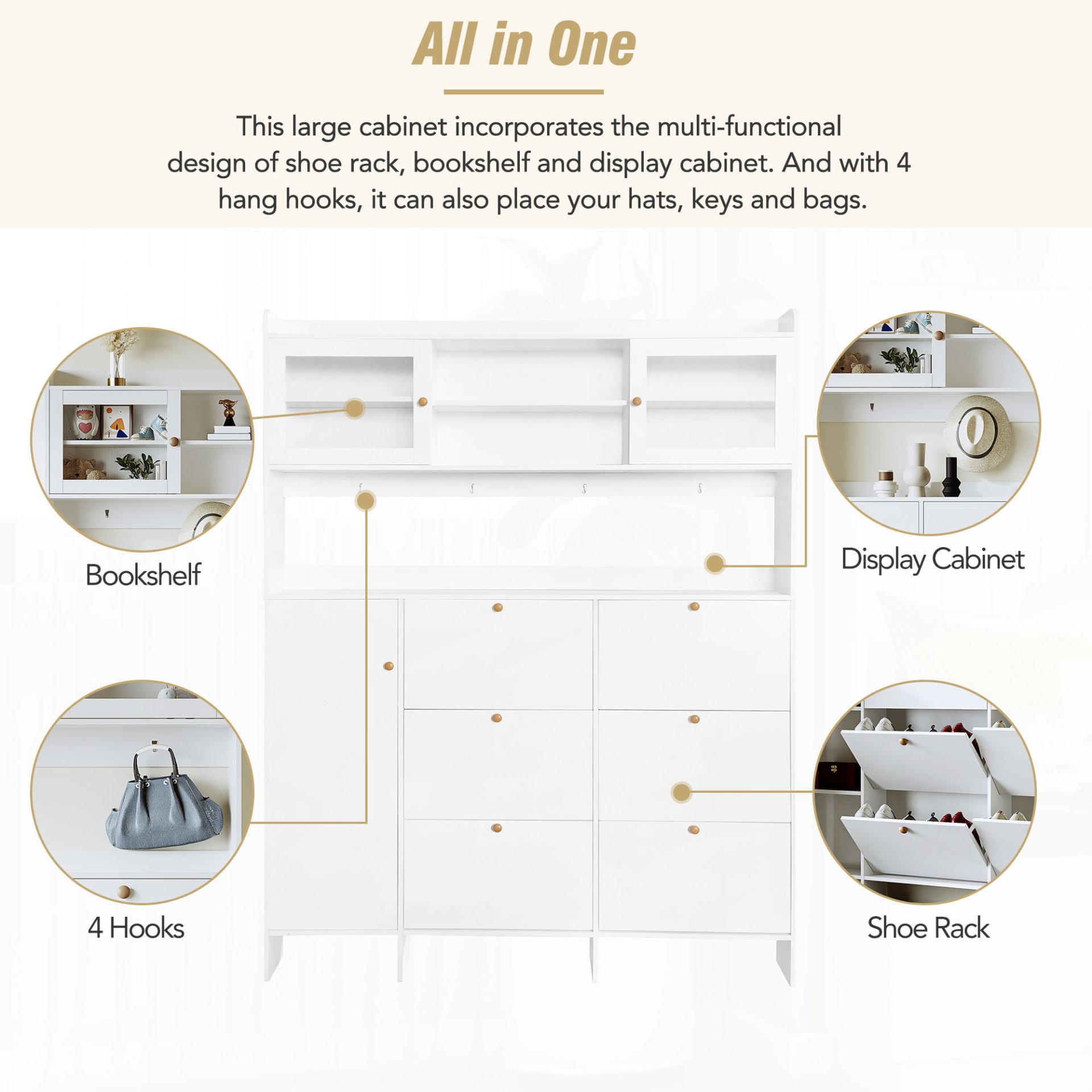 Multifunctional Tipping Bucket Shoe Cabinet With Storage Shelf & 6 Flip Drawers, Large Hall Tree With Tempered Glass Doors, Foyer Cabinet With 4 Hooks For Hallway - White - Image 6