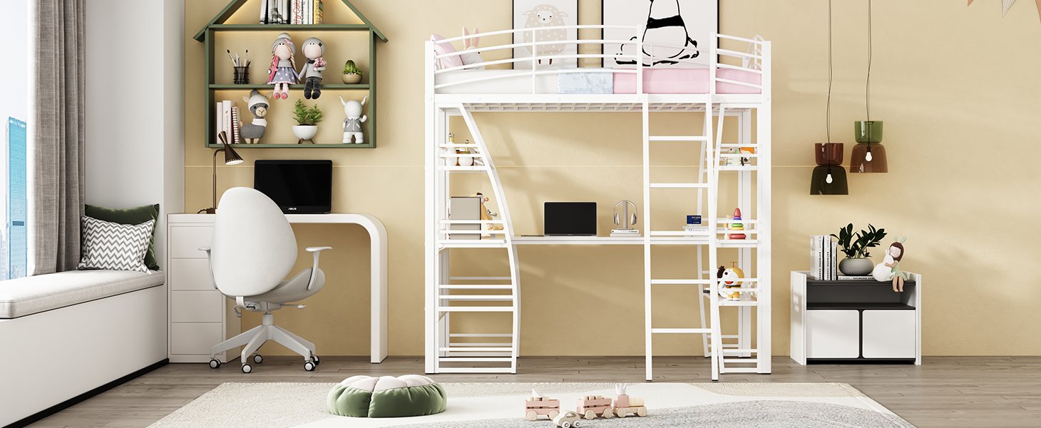 Twin Size Loft Bed With 4 Layers Of Shelves And L-Shaped Desk, Stylish Frame With A Set Of Sockets, USB Ports And And Wireless Charging - White - Image 14