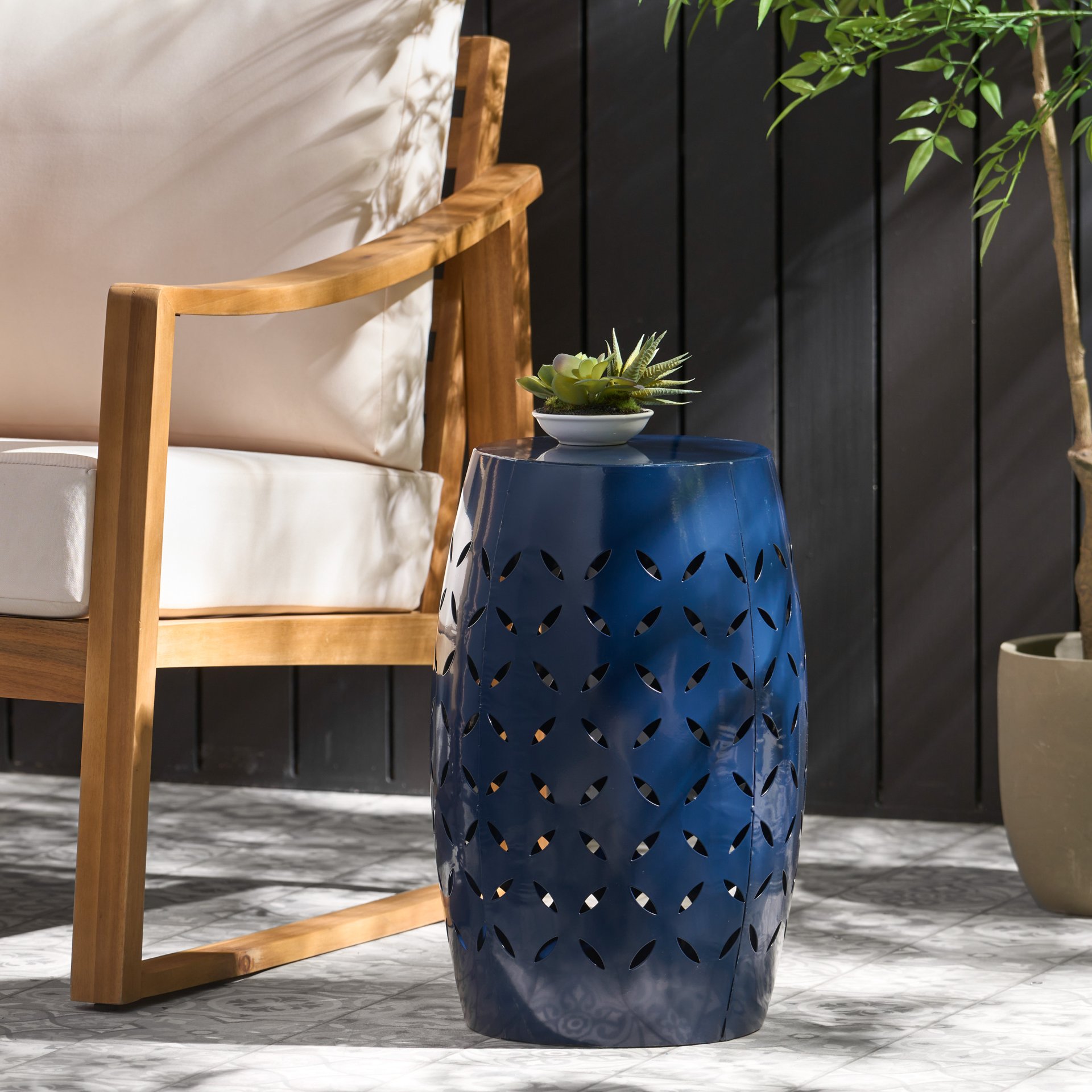 Outdoor Lace Cut Side Table - Navy Blue - Image 8