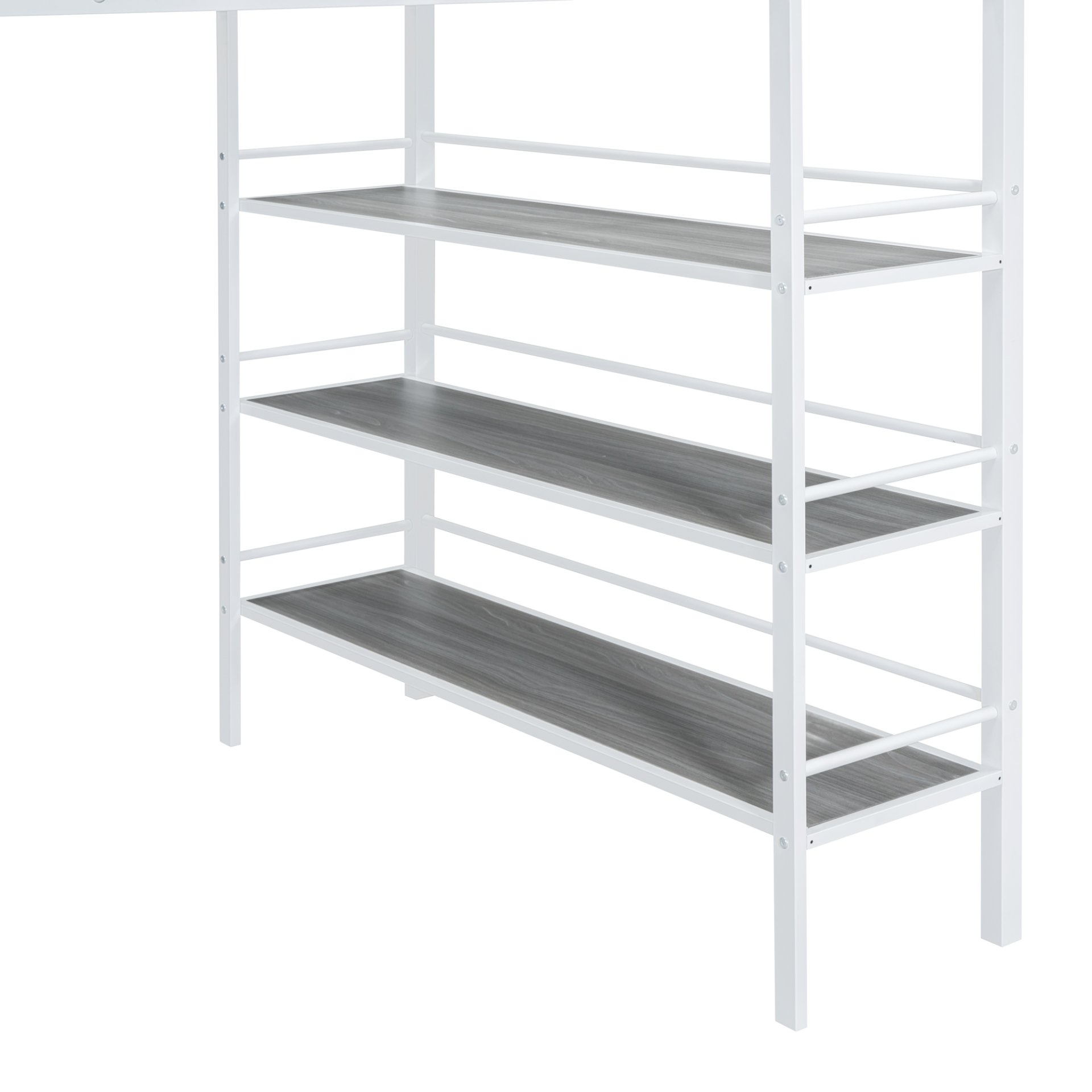 Full Size Loft Bed With 3 Layers Of Shelves And Desk, Stylish Frame Bed - White - Image 11