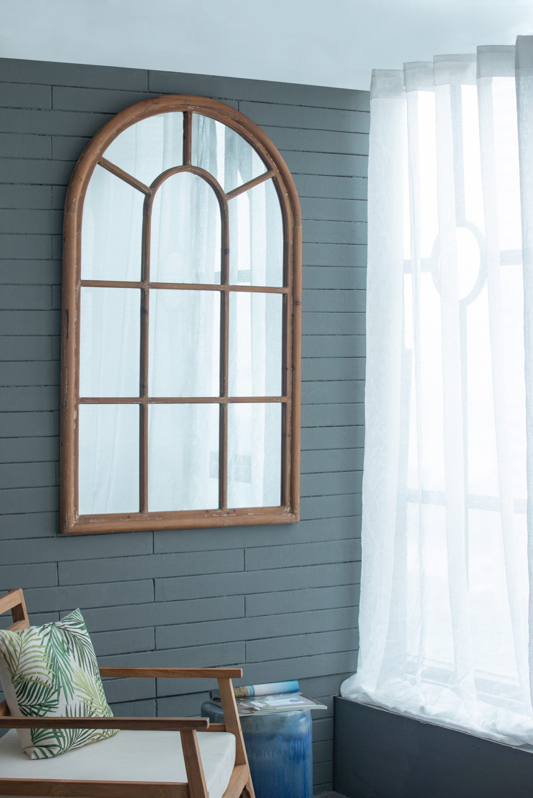 Large Arched Accent Mirror With Frame With Decorative Window Look Classic Architecture Style Solid Fir Wood Interior Decor - Brown - Image 6
