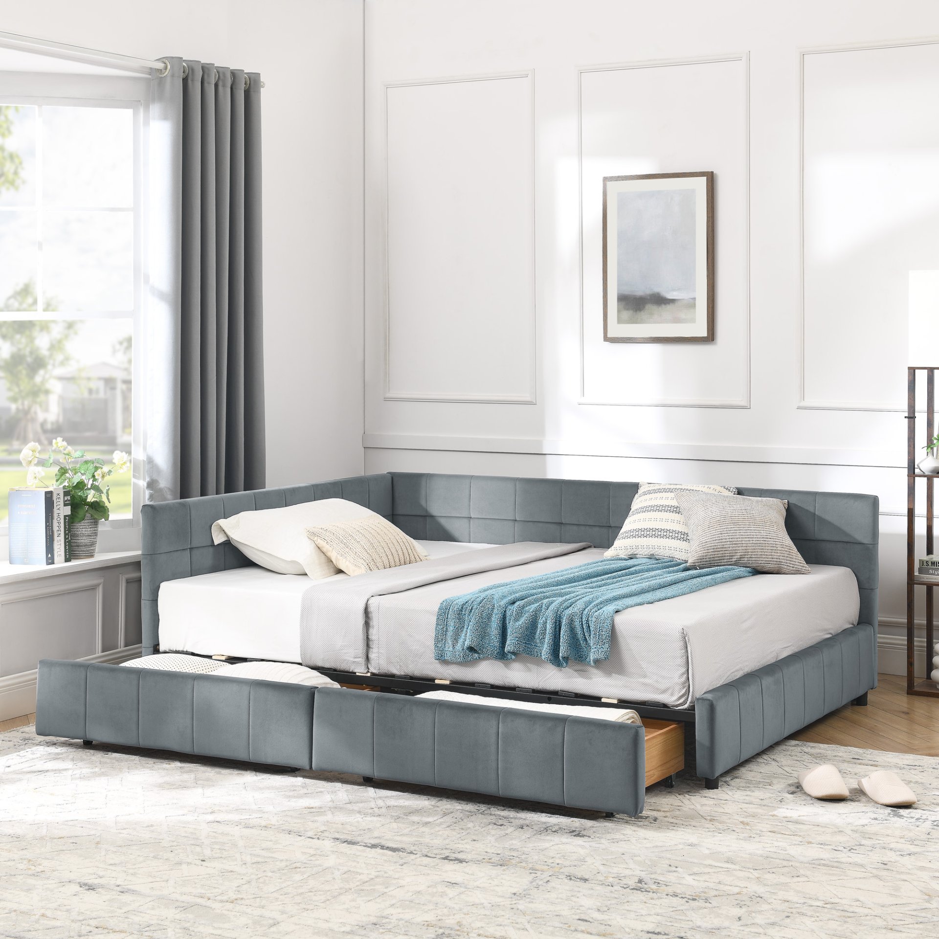 Mid Century Upholstered Tufted Full Size Storage Bed Frame With Backrest And Armrests - Gray - Image 4