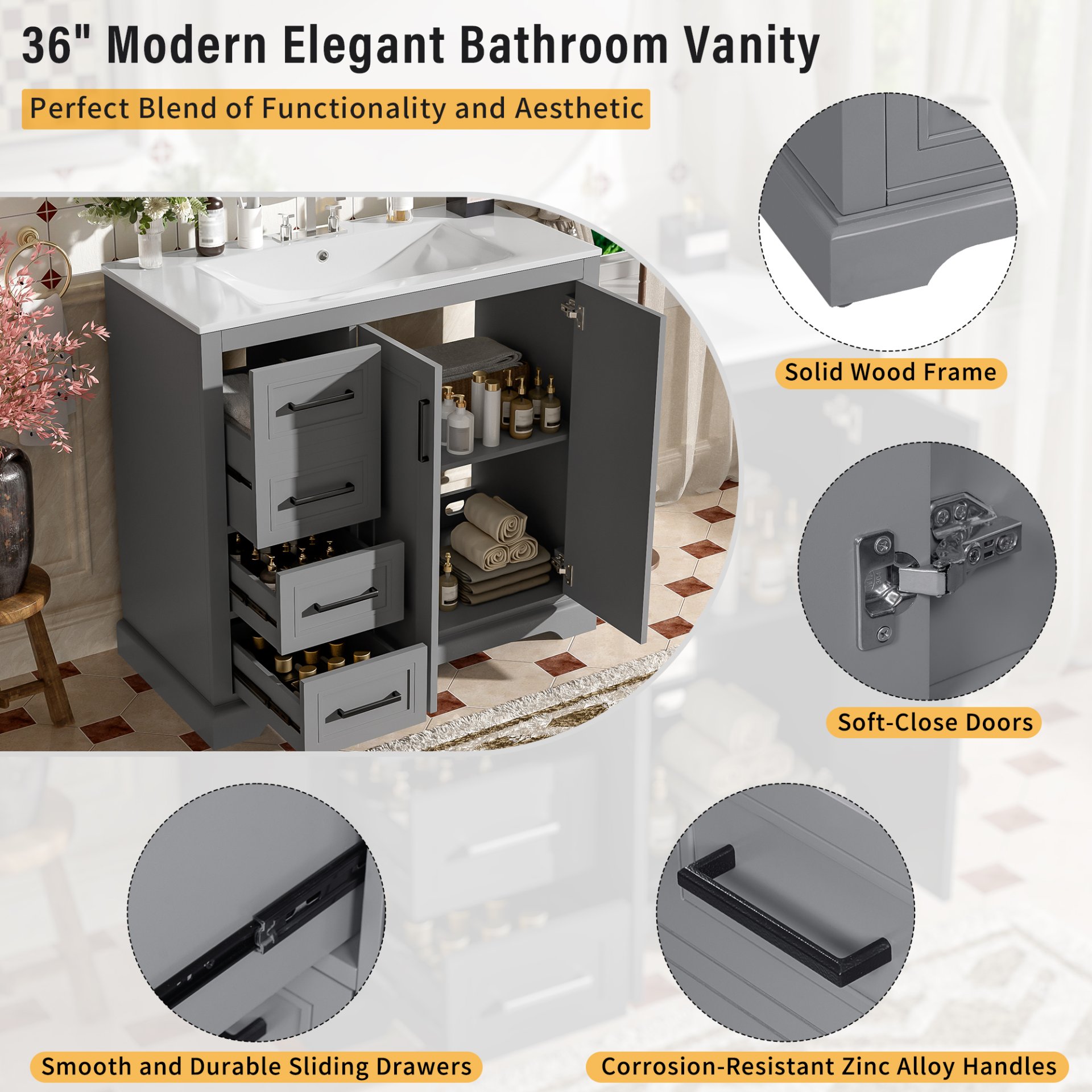 36" Bathroom Vanity With Sink, Soft Close Doors, Adjustable Shelf & 3 Drawers - Gray - Image 7
