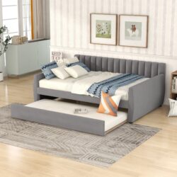 Full Size Upholstered Daybed With Trundle And Slat Support - Gray