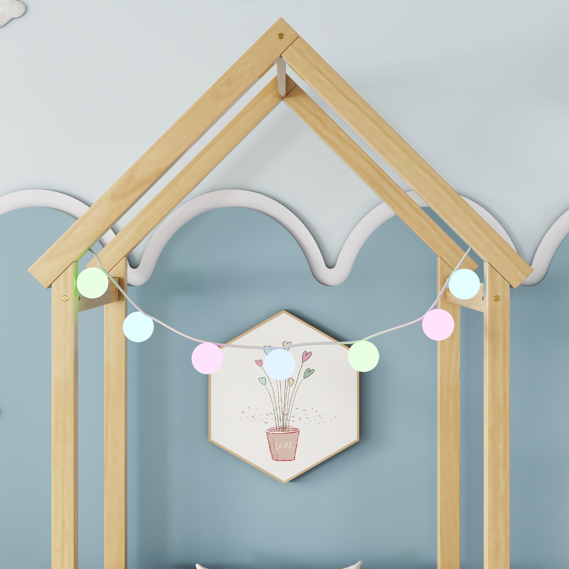 Twin House-Shaped Roof Headboard Floor Bed, (Without Slats) - Natural - Image 4