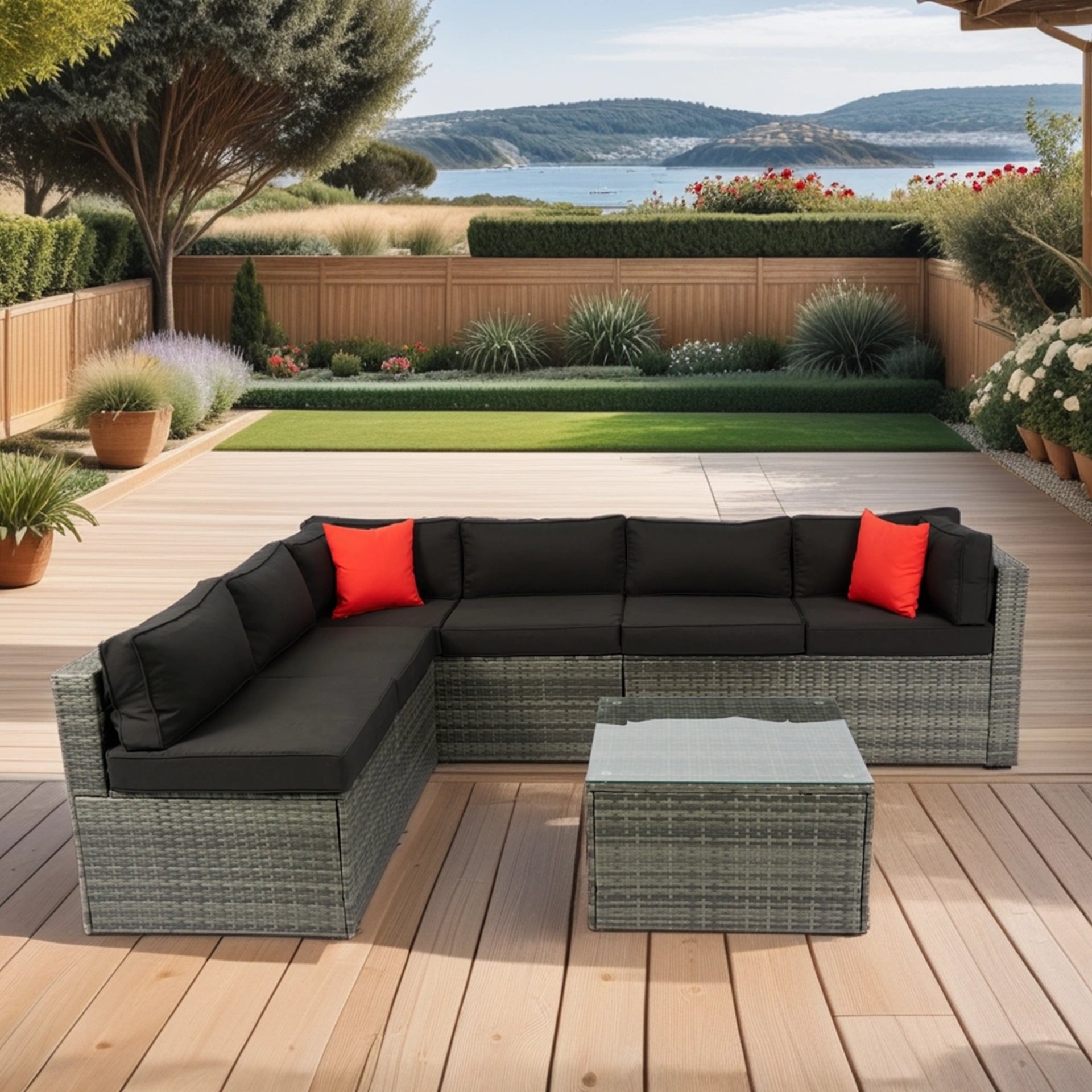 5 Pieces Rattan Sectional Outdoor Furniture Cushioned U Sof Set With 2 Pillow - Gray / Black - Image 2