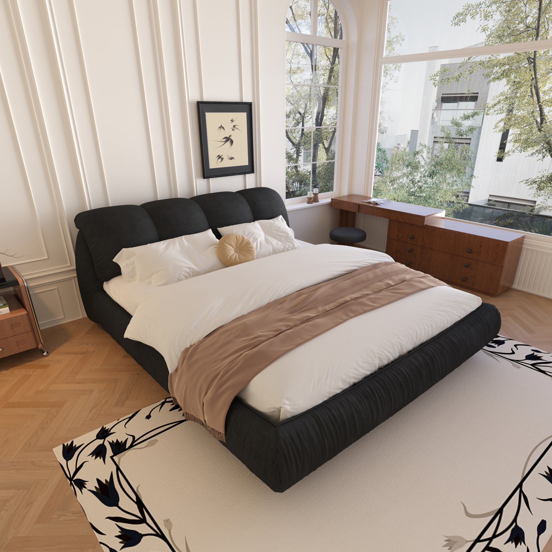 Queen Size Luxury Upholstered Platform Bed With Oversized Padded Backrest And Solid Wood Frame, Suitable For Multiple Heights Of Mattresses - Black - Image 7