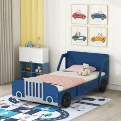 Twin Size Car Shaped Platform Bed With Wheels - Blue