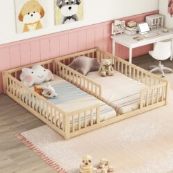 Double Twin Floor Bed With Fence, Guardrails, Without Door - Natural