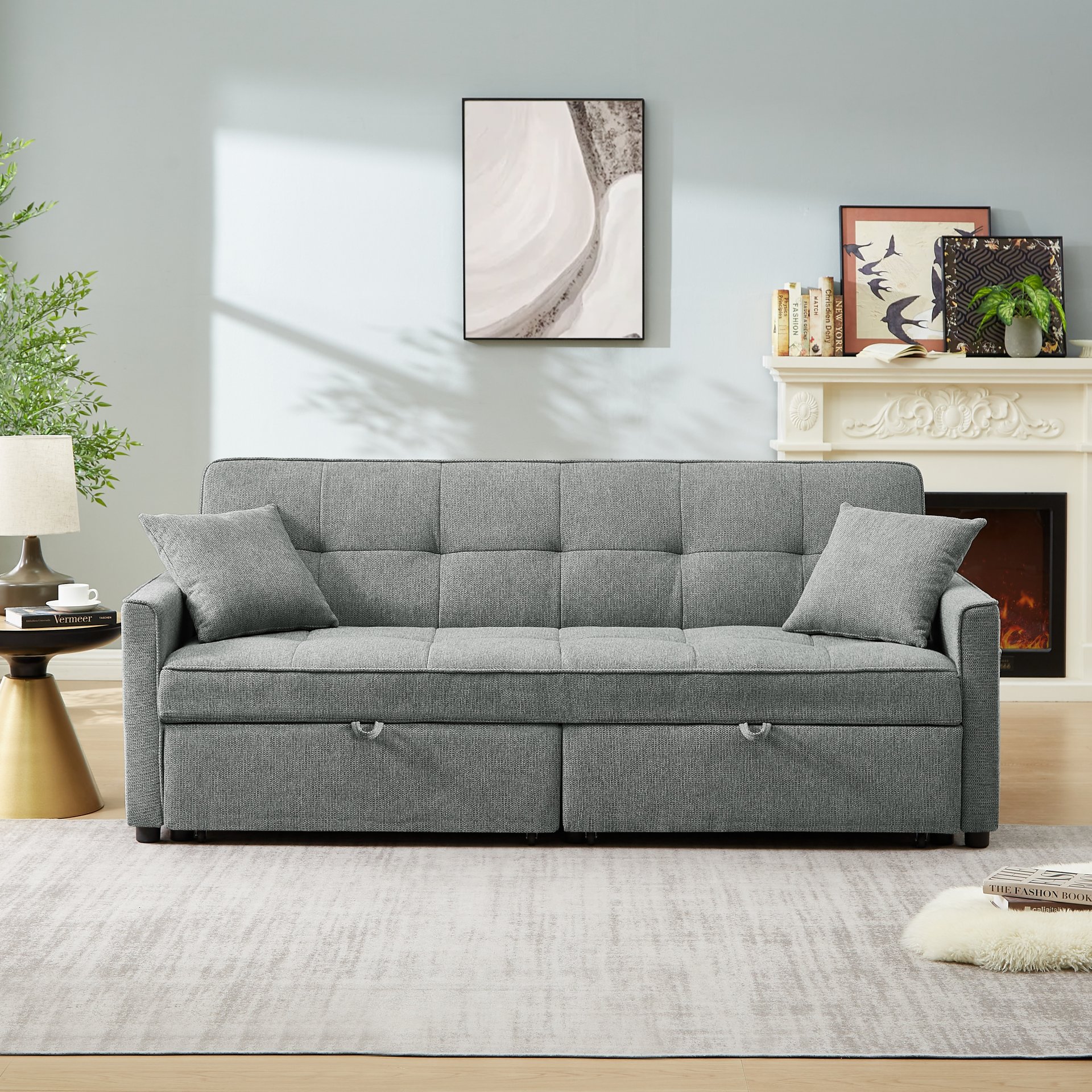 3 In 1 Convertible Sleeper Sofa Bed, Modern Fabric Loveseat Futon Sofa Couch Pullout Bed, Small Love Seat Lounge Sofa Reclining Backrest, Pillows, Pockets, Home Furniture For Living Room - Gray - Image 2