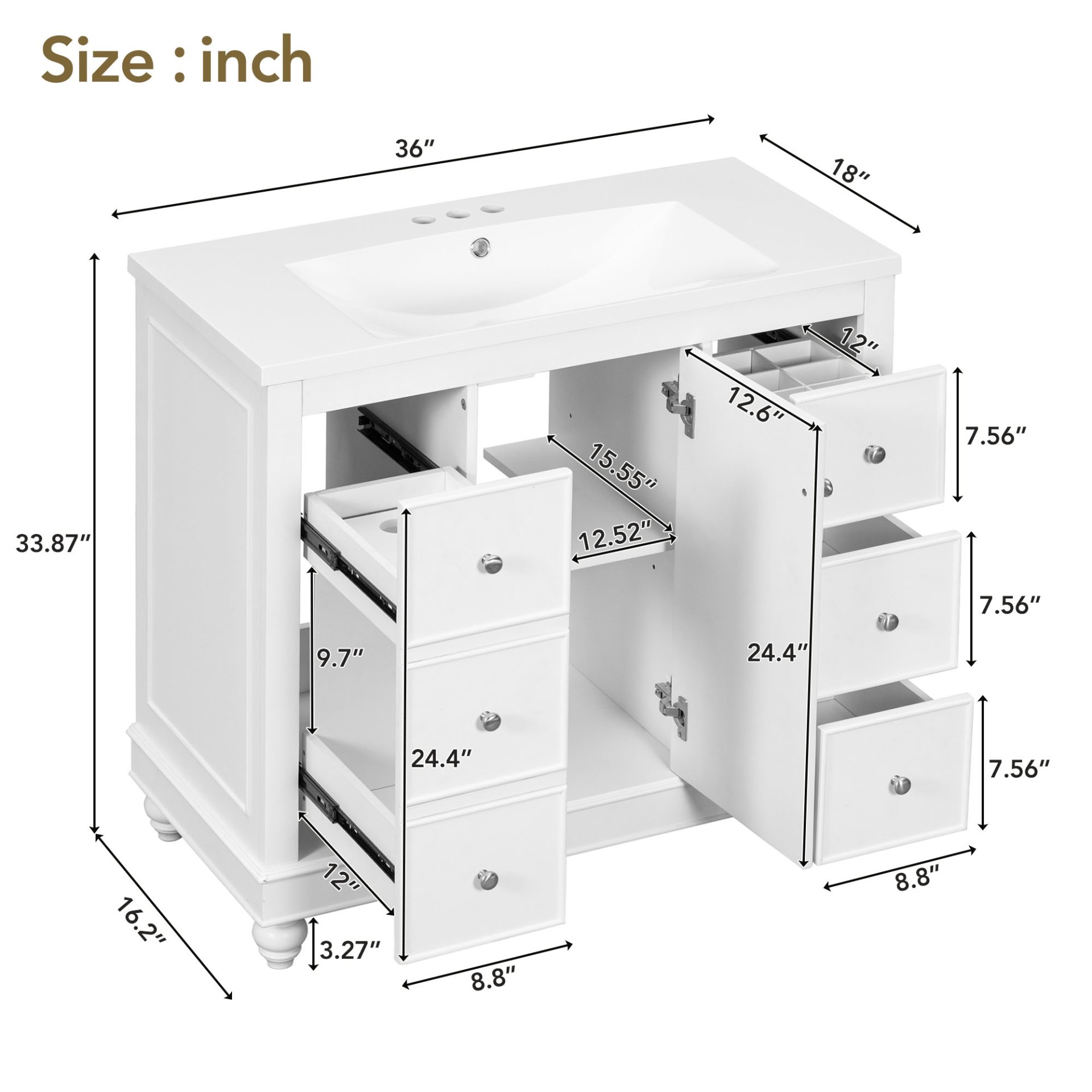 Contemporary Bathroom Vanity Cabinet, 4 Drawers & 1 Cabinet Door, Multipurpose Storage, Resin Integrated Sink, Adjustable Shelves, Solid Wood Frame With MDF - White - Image 11