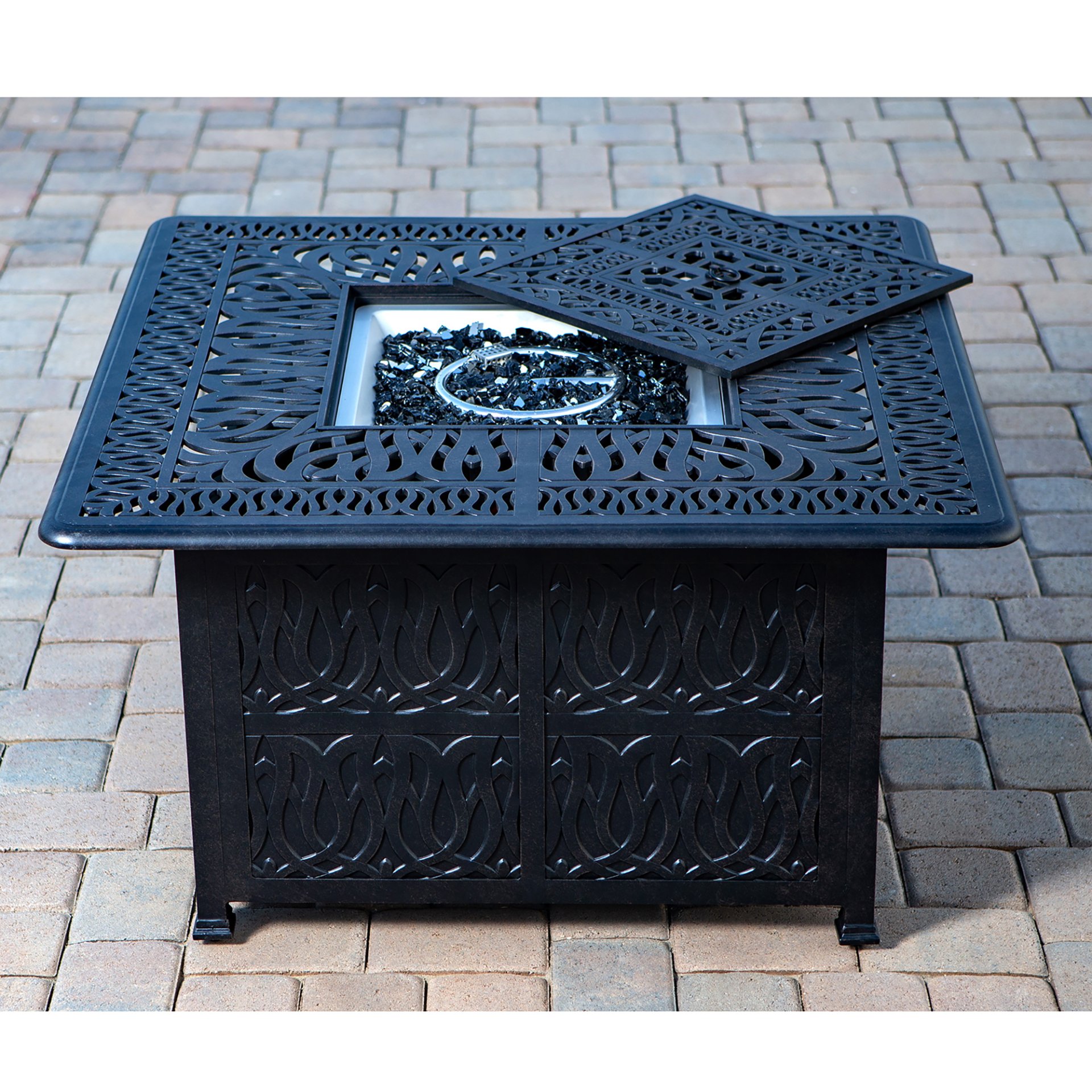 Elegant Cast Aluminum Square Fire Table With Fire Glass And Cover - Antique Bronze - Image 2