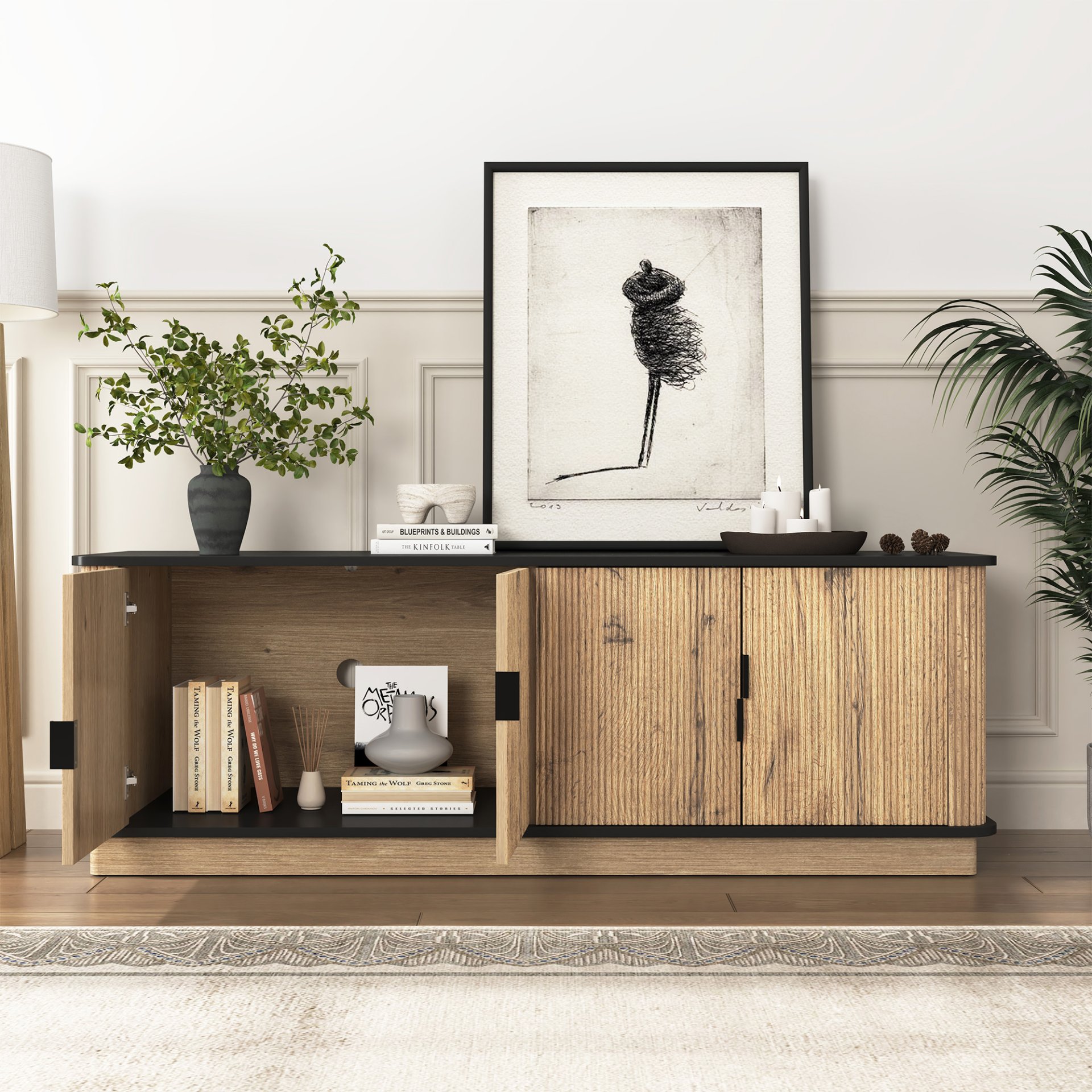 Grain 4 Door TV Cabinet, An Ideal Choice For TV And Item Storage In Modern Homes, A Perfect Blend Of Nordic And Modern Minimalist Styles - Black - Image 5