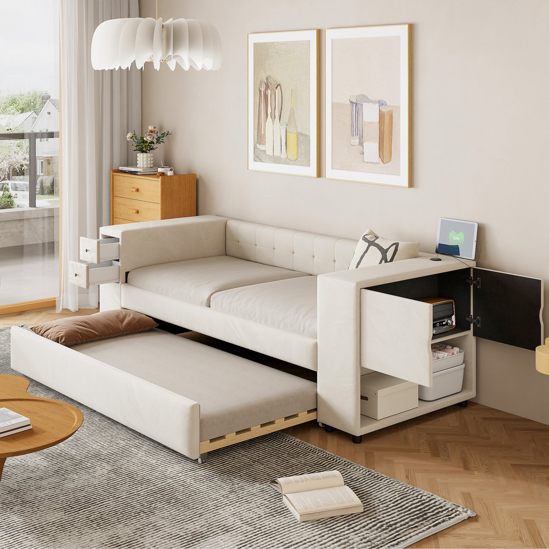 Twin Upholstered Bed With Storage And Twin Trundle, USB Charging Ports - Beige - Image 5