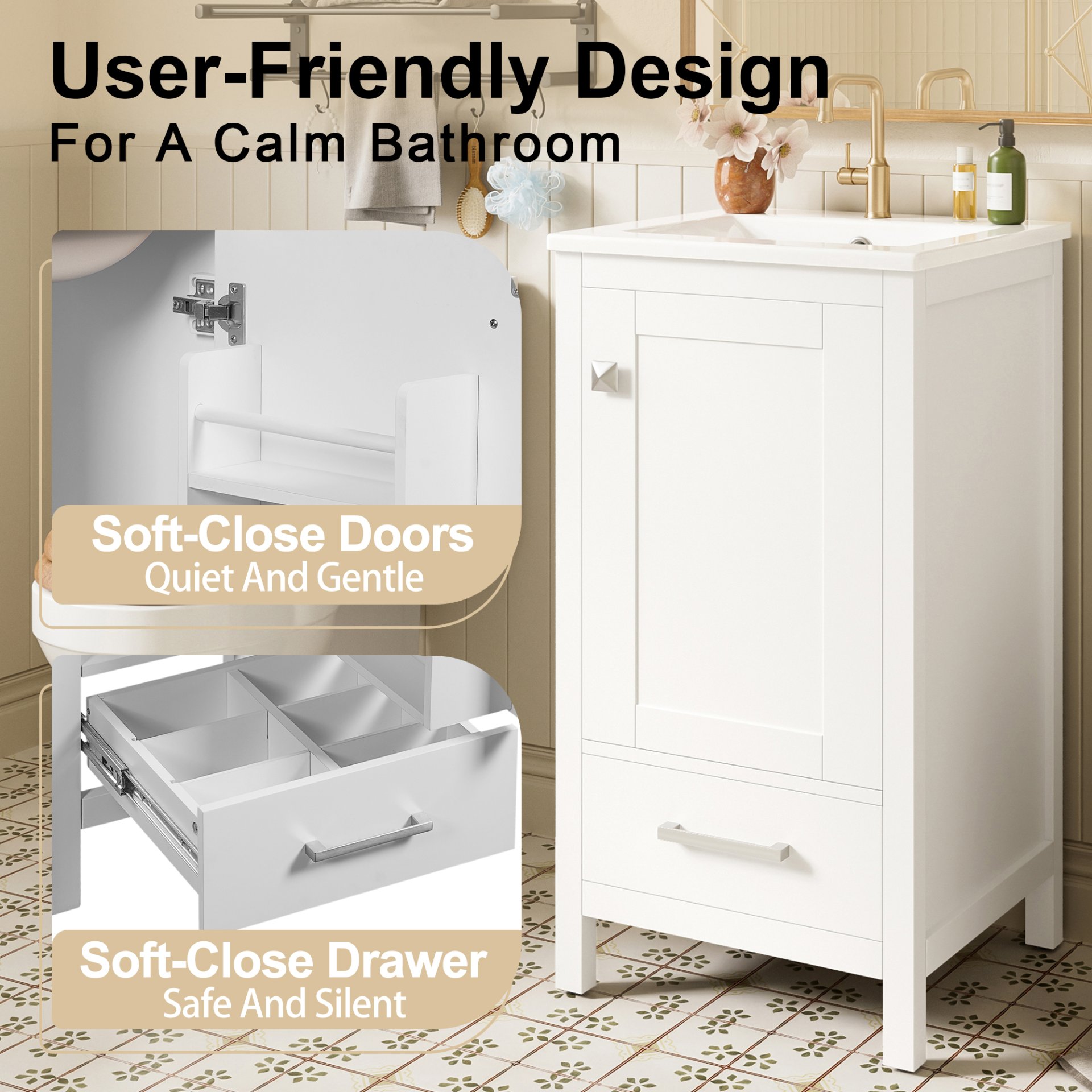 18" Bathroom Vanity With Sink, Soft Close Drawers, Door Organizer, Divider Drawer, Adjustable Foot Pads - White - Image 8