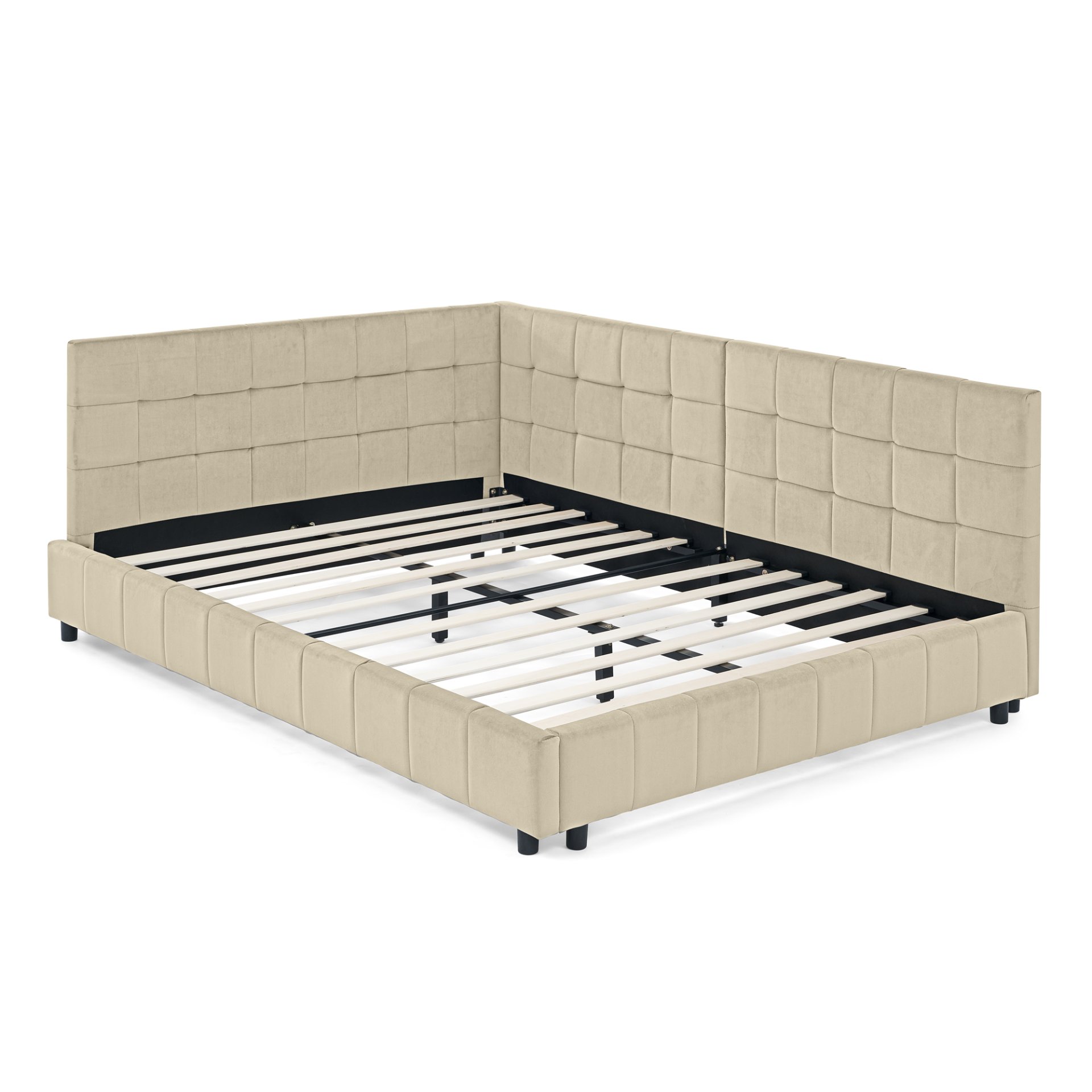 Mid Century Full Size Upholstered Tufted Bed Frame With Comfortable Backrest And Armrests Velvet - Beige - Image 10