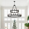 2 Tiers Wagon Wheel Chandelier Wooden Farmhouse 36 Light (24 / 12) Or (12 / 24) Metal Chandeliers 2 Story Light Fixtures Industrial For High Ceiling Living Dining Room Foyer, Adjustable Height - Black - Image 4