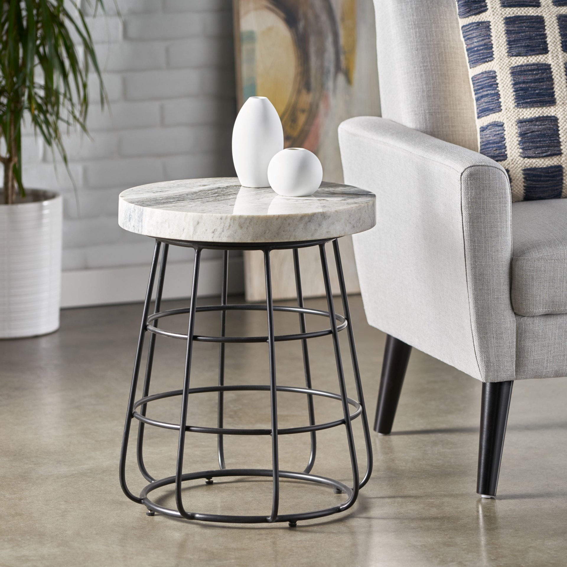 Side Table With Marble Top And Iron Base - Black / White - Image 7