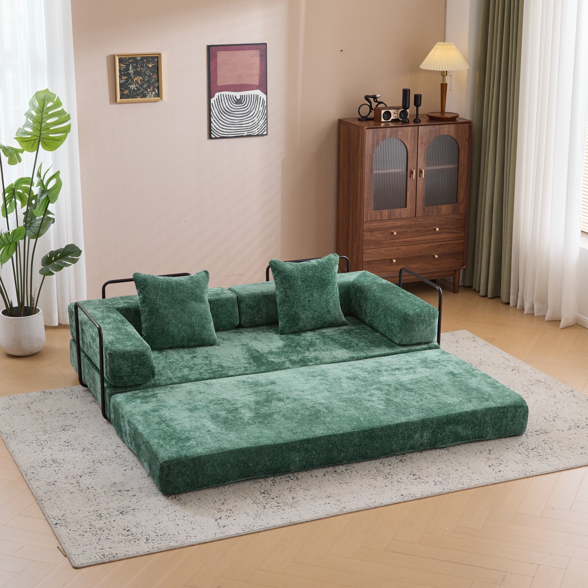 Floor Couch, Compression Sofa, Convertible Floor Sofa Bed & Pillow Back Support Armrest - Dark Green - Image 9
