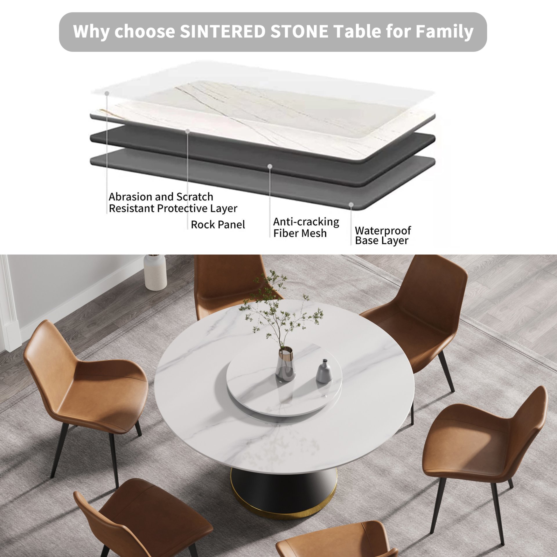 53" Modern Artificial Stone Round Carbon Steel Base Dining Table, Can Accommodate 6 People, Artificial Stone Turntable - White / Black - Image 10