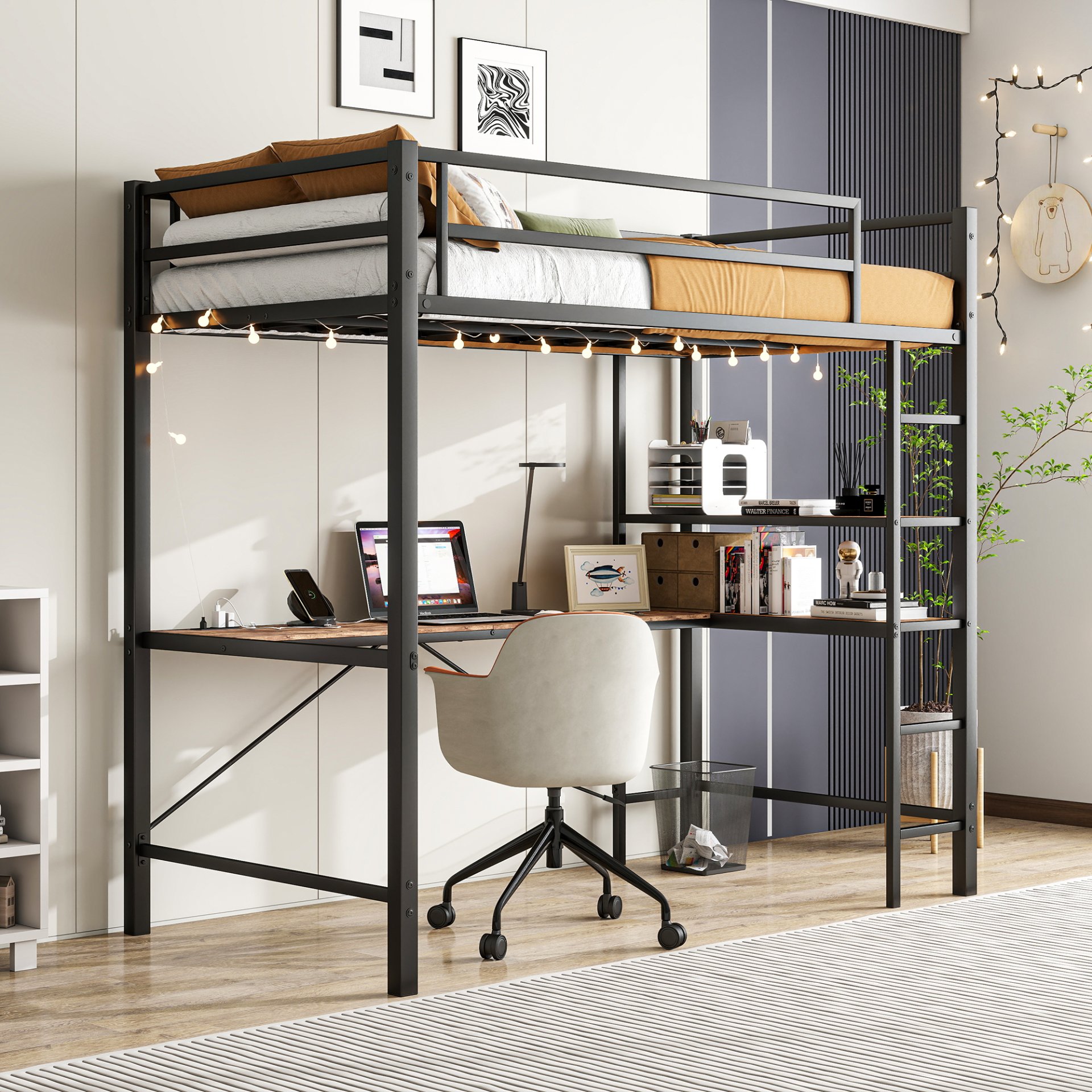 Space Saving Twin Size Loft Bed With L Shaped Desk, Shelves, Charging Station, Led Lights - Brown - Image 4