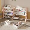 Kids Toy Storage Organizer With 2 Tier Bookshelf And 12 Toy Bins - Pink - Image 7