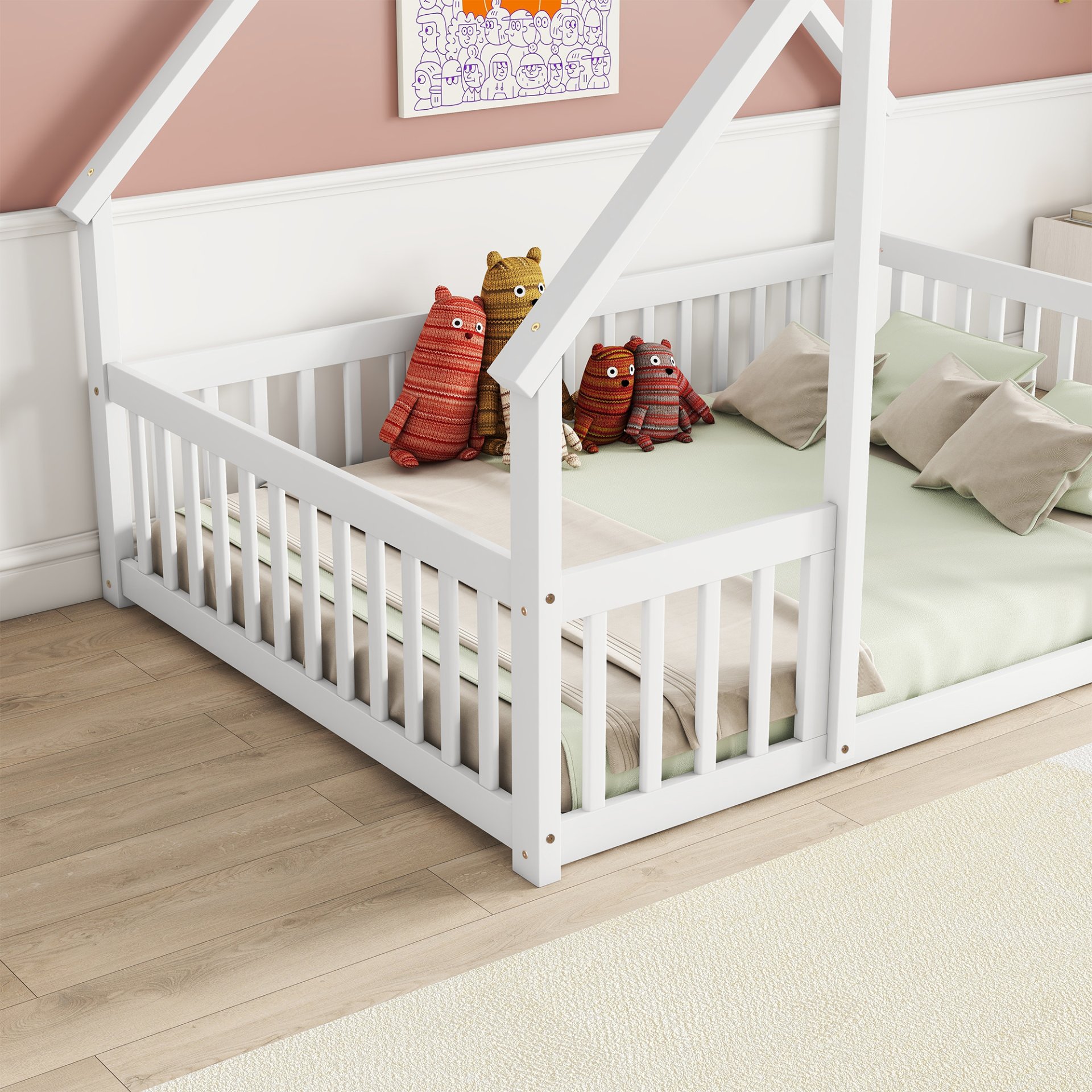 Full Wood House-Shaped Floor Bed With Fence, Guardrails - White - Image 4
