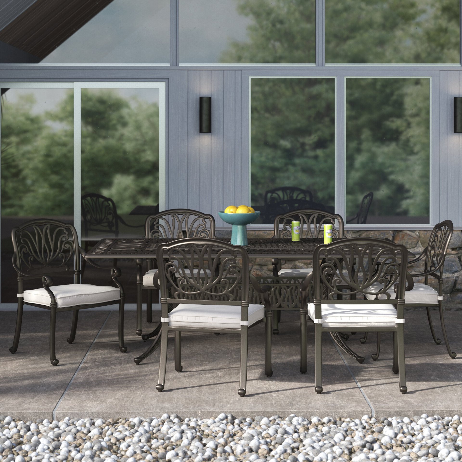 Rectangular 6 Person 84.25" Long Dining Set With Cushions - Dark Gray / White - Image 4