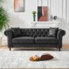 Chesterfield Sofa, High Tech Fabric Roll Armrest, 3 Seater Mid Century Modern Couch - Black - Image 2