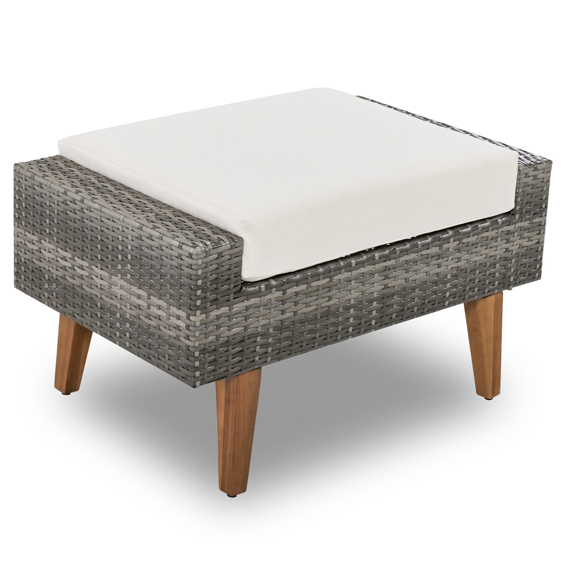 6 Pieces All Weather Sofa Set, Outdoor Rattan Sofa With Double Cushions, Wood Legs Wood Table Top - Beige / Gray - Image 14