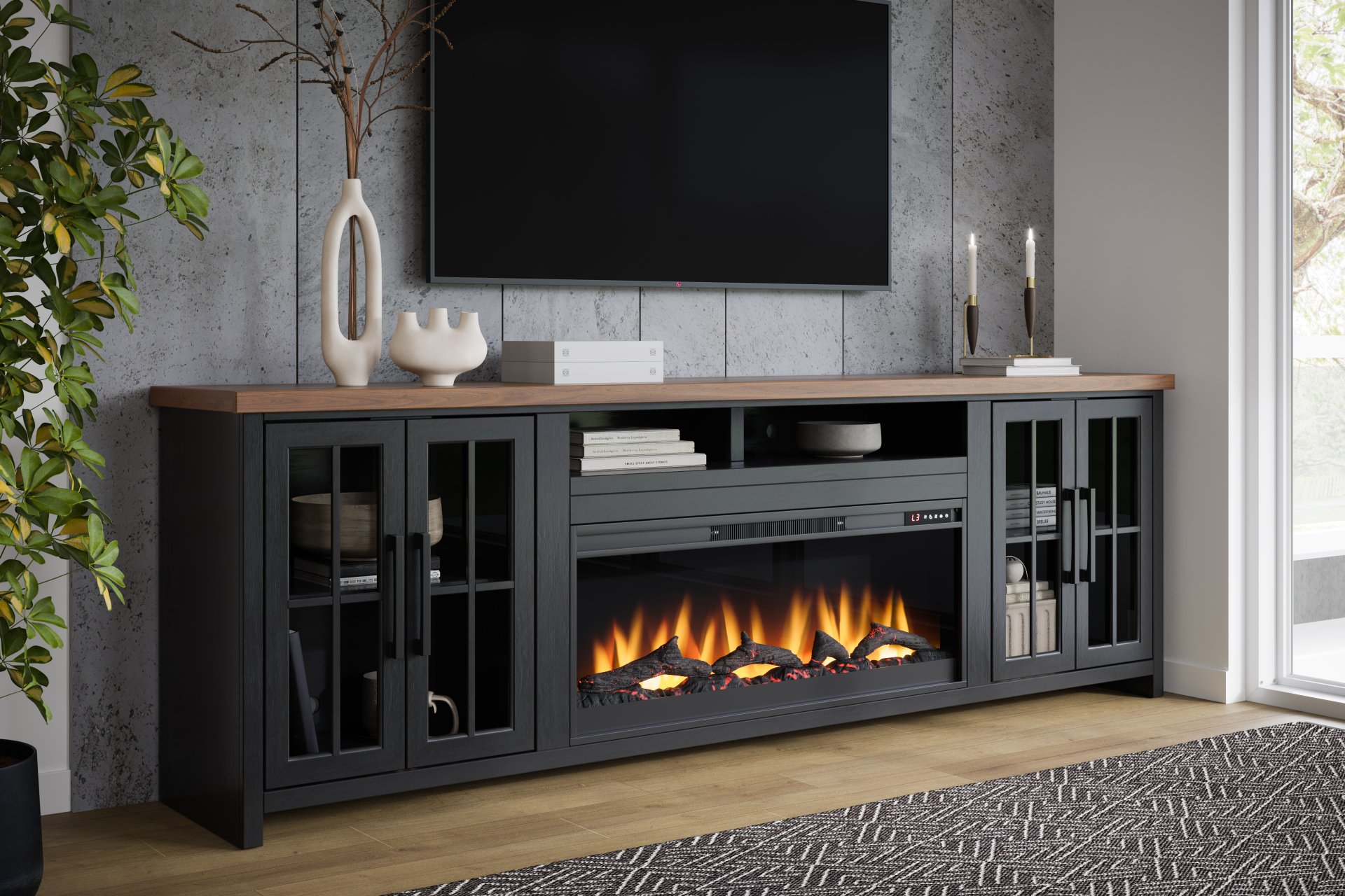Essex - Fireplace TV Stand Console For TVs Up To 100" - Black, Whiskey - Image 3