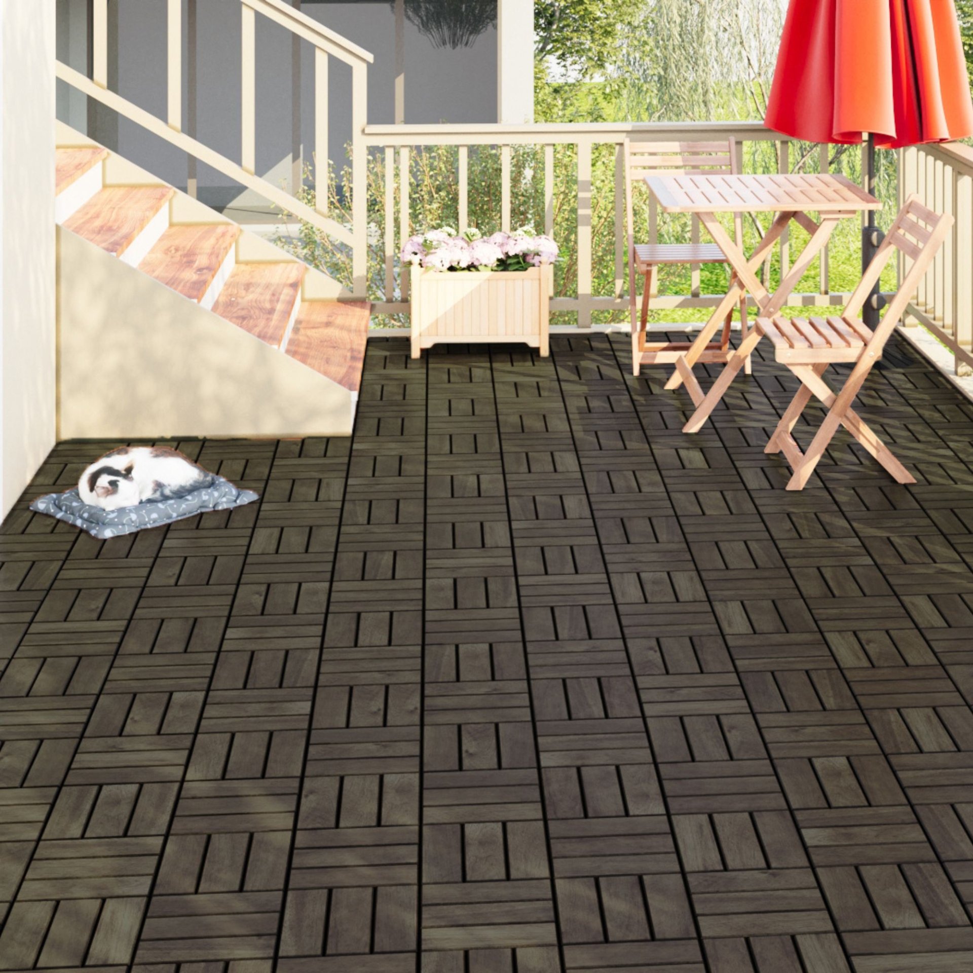 Acacia Wood Interlocking Deck Tiles Checker Pattern Outdoor Flooring - Dark Brown - Image 24