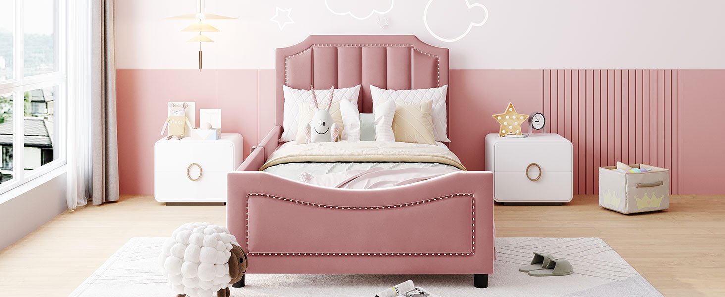 Twin Size Upholstered Daybed With Classic Stripe Shaped Headboard - Pink - Image 13