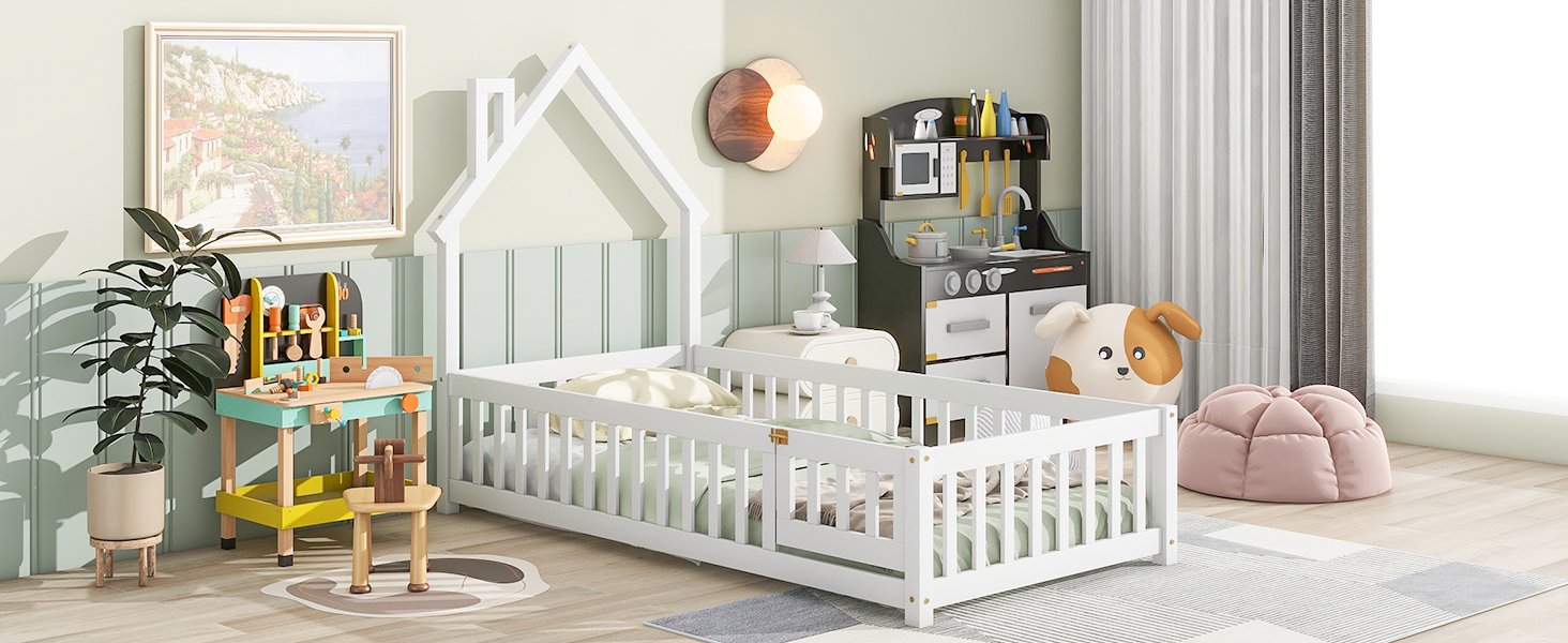 Twin House-Shaped Headboard Floor Bed With Fence - White - Image 7