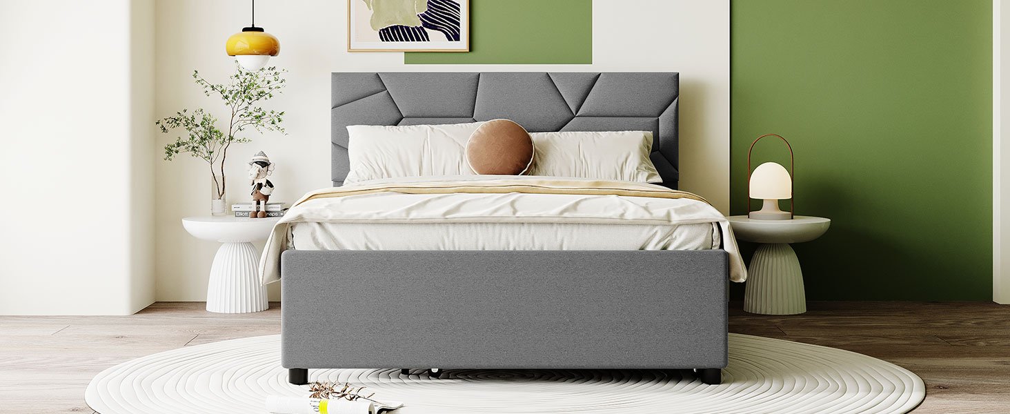 Full Size Upholstered Platform Bed With Brick Pattern Headboard And Twin Size Trundle - Gray - Image 12