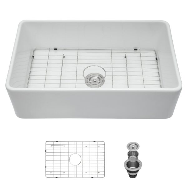 Elegant 33" Farmhouse Sink Apron Front Ceramic Single Bowl Kitchen Basin - White