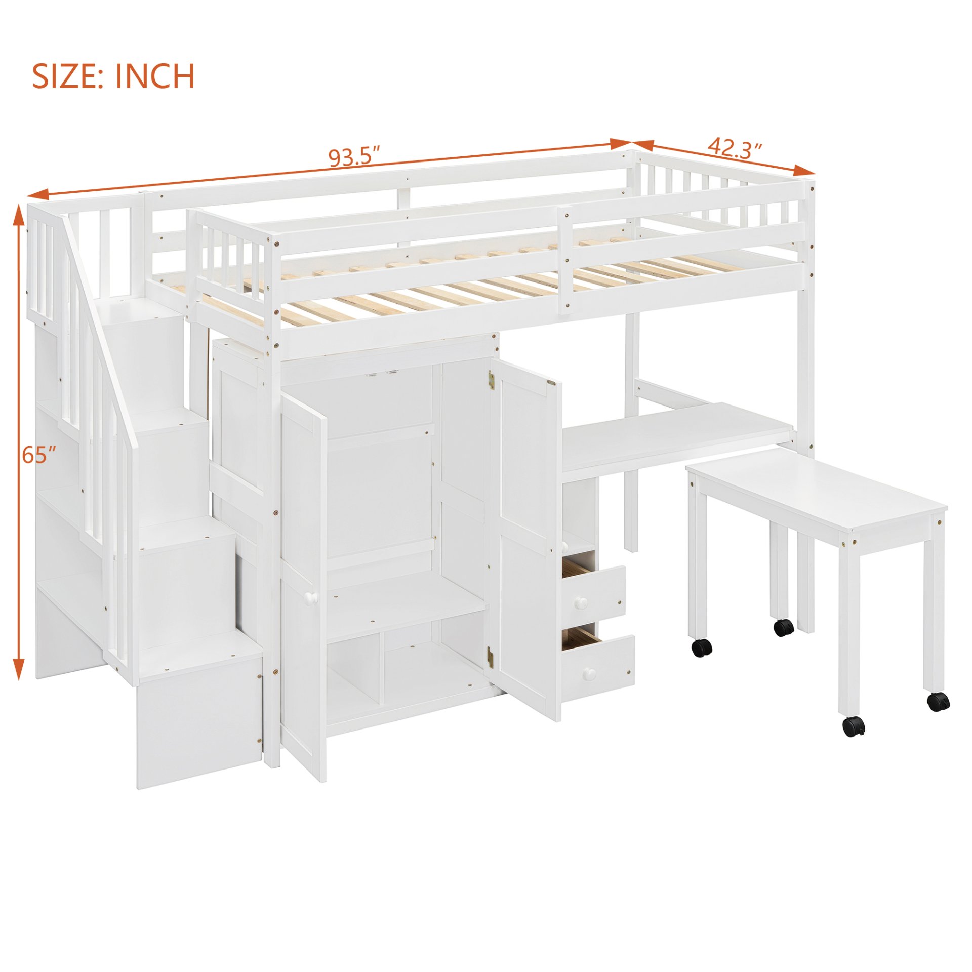 Twin Size Loft Bed With Stairs, Bookshelf, Drawers, Desk & Wardrobe, Space Saving Multifunctional Furniture - White - Image 7