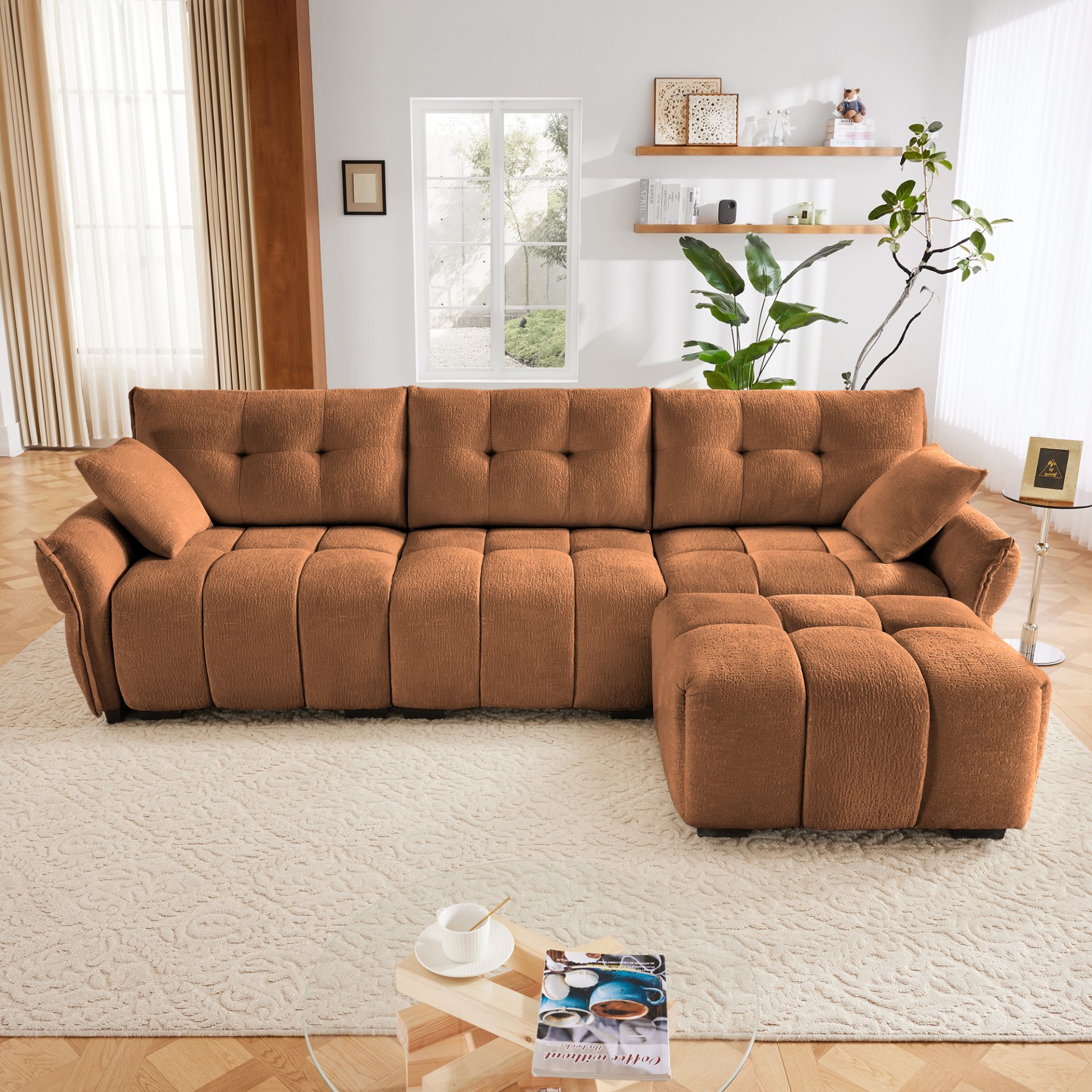 3 Seater Sofa Set With Ottoman And Pillows, Textured, High Resilience Cushions - Burnt Orange - Image 14