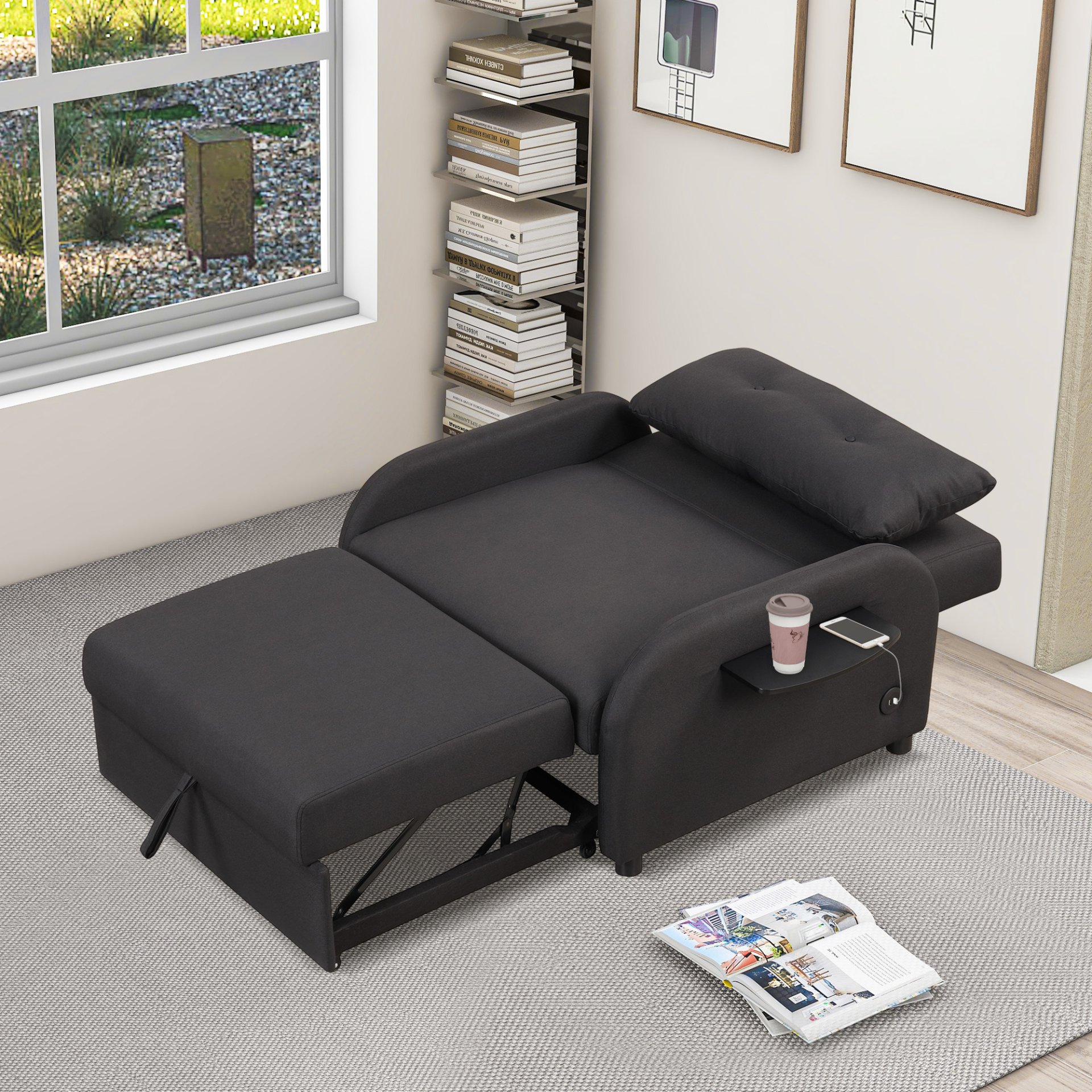 3 In 1 Pull Out Sofa Sleeper With Wing Table And USB Charge - Black - Image 9