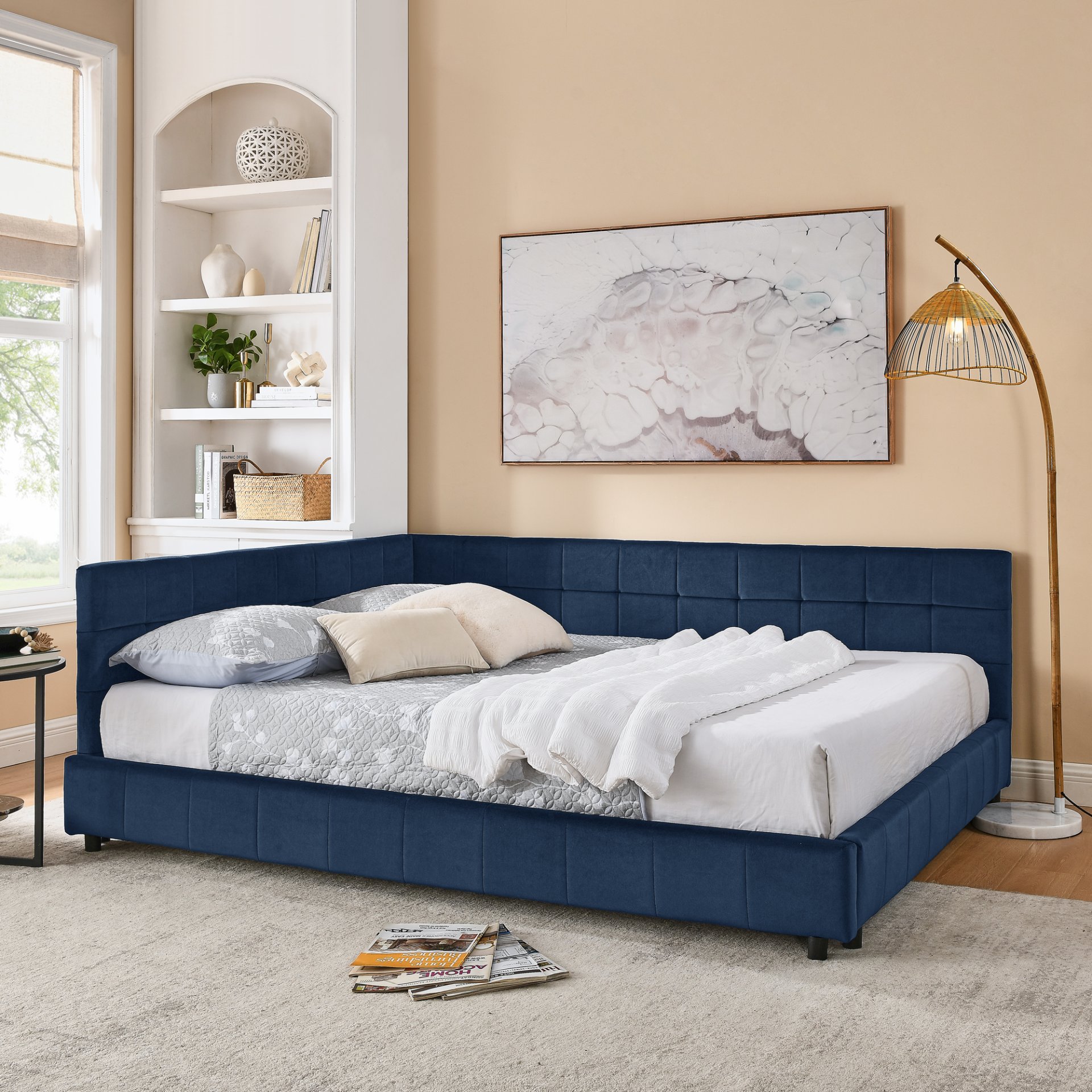 Mid Century Upholstered Tufted Queen Size Bed Frame With Backrest And Armrests Velvet - Dark Blue - Image 4